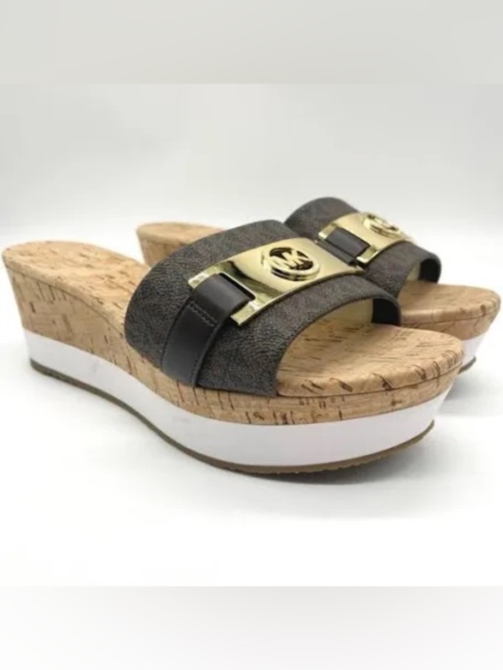 Michael Kors Brown Monogram Cork Wedge Slide Sandals with Gold Logo